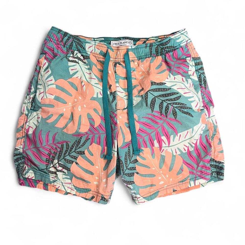Free Planet Cotton Swim Shorts Women’s M Pink Orange Teal Tropical Leaf Print